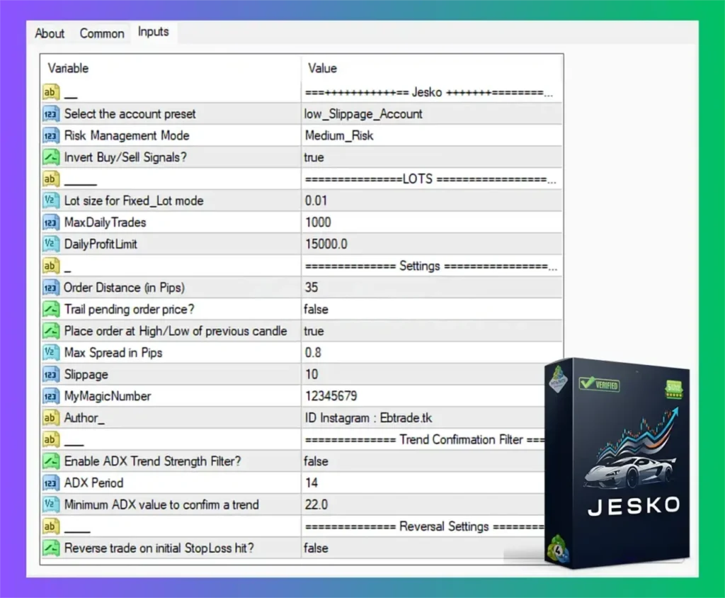 JESKO EA MT4 EA Review Setting