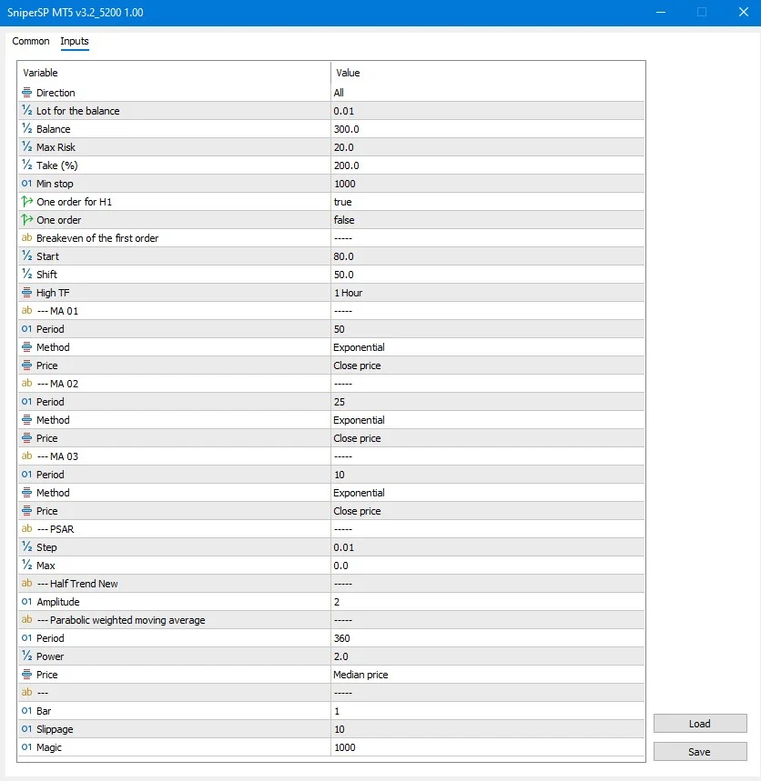 SniperSP MT5 EA - Settings